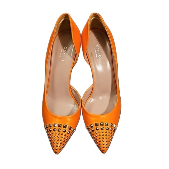 GUCCI Studded D'Orsay Pumps in Orange Leather - Picture 4 of 13
